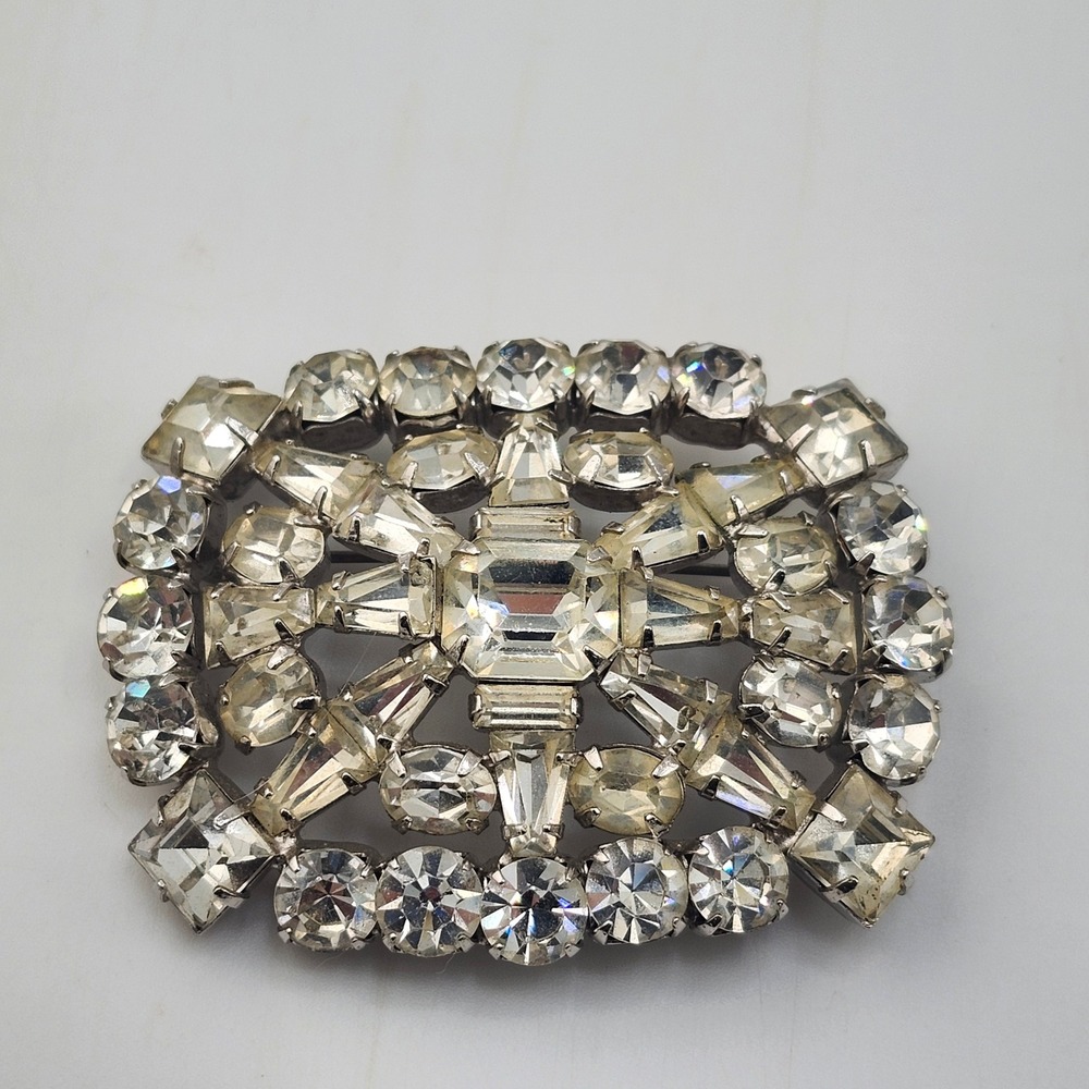 Vintage Rhinestone Brooch Silver Tone Clear Crystals Elegant Rectangular
